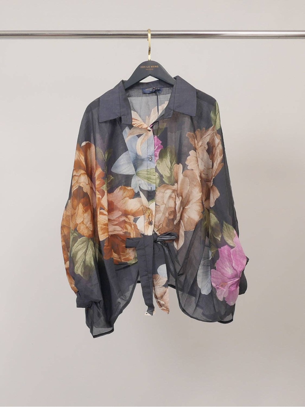 Made In Italy- Floral Tie-Front Sheer Blouse - Black with Multicolor Blooms